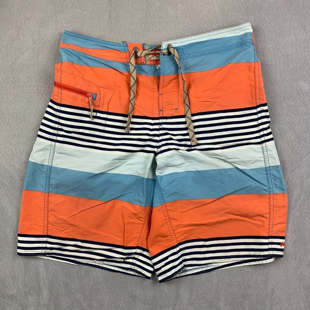 Patagonia Mens Swim Trunks 32 Blue Orange Striped Printed Wavefarer Board Short